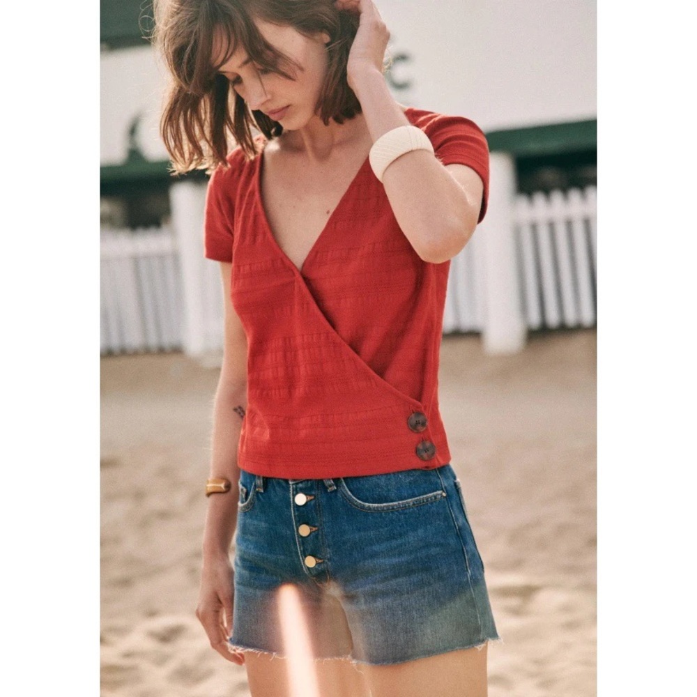 Sezane Jess Embroidered Wrap Top sz M